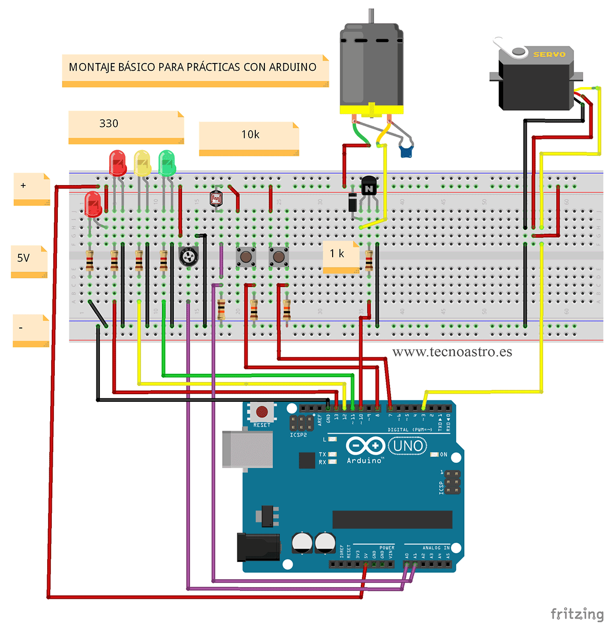 Montaje básico en placa boar para prácticas con Arduino