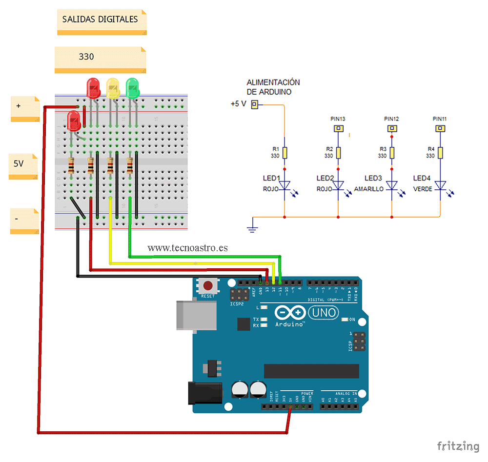 Conexiones para prácticas con leds y Arduinoi
