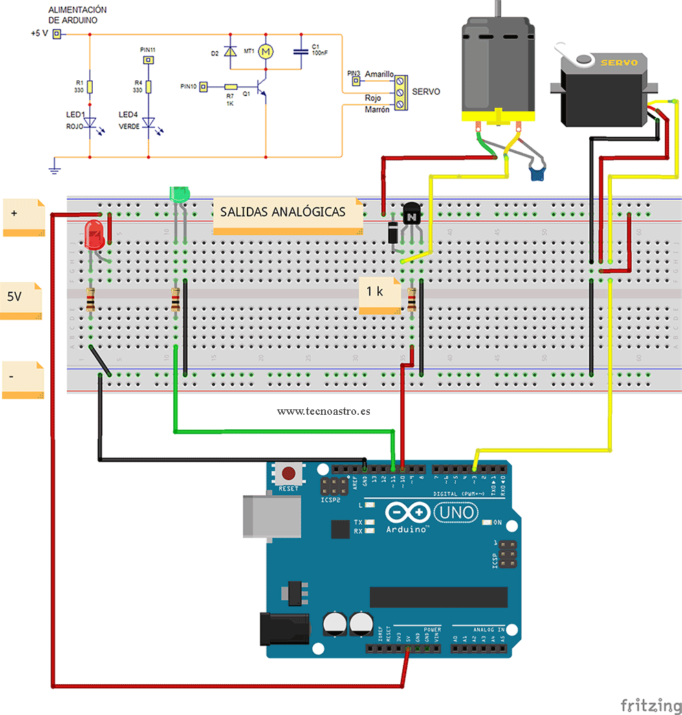 Conexiones para prácticas con salidas analógicas con Arduino